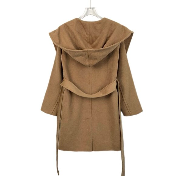 MaxMara Camel Brown Hooded Wool Belted Coat Made In Italy Womens Size 34 - Picture 2 of 8